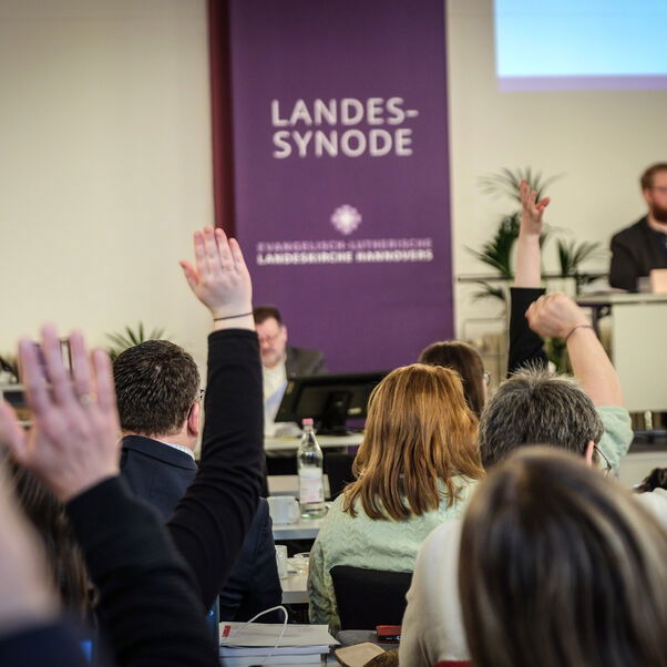 Mehrere Personen heben zur Abstimmung die Hände