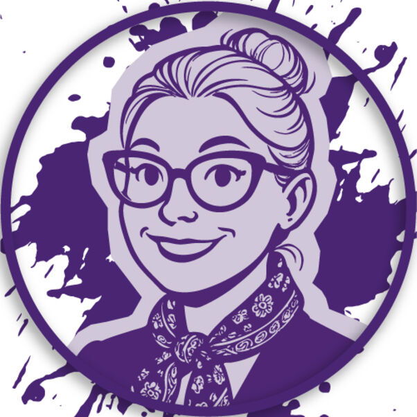 Eine weiblich gelesene Person mit Brille und Hochsteckfrisur in Comicstyle in lila-weiß.