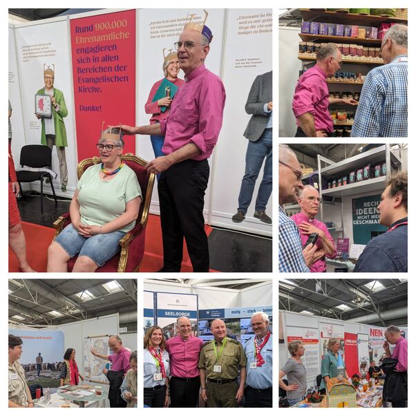 In einer Collage sind Bilder zusammengestellt, auf denen Landesbischof Ralf Meiste unterschiedliche Personen beim Markt der Möglichkeiten auf dem Messegelände trifft.