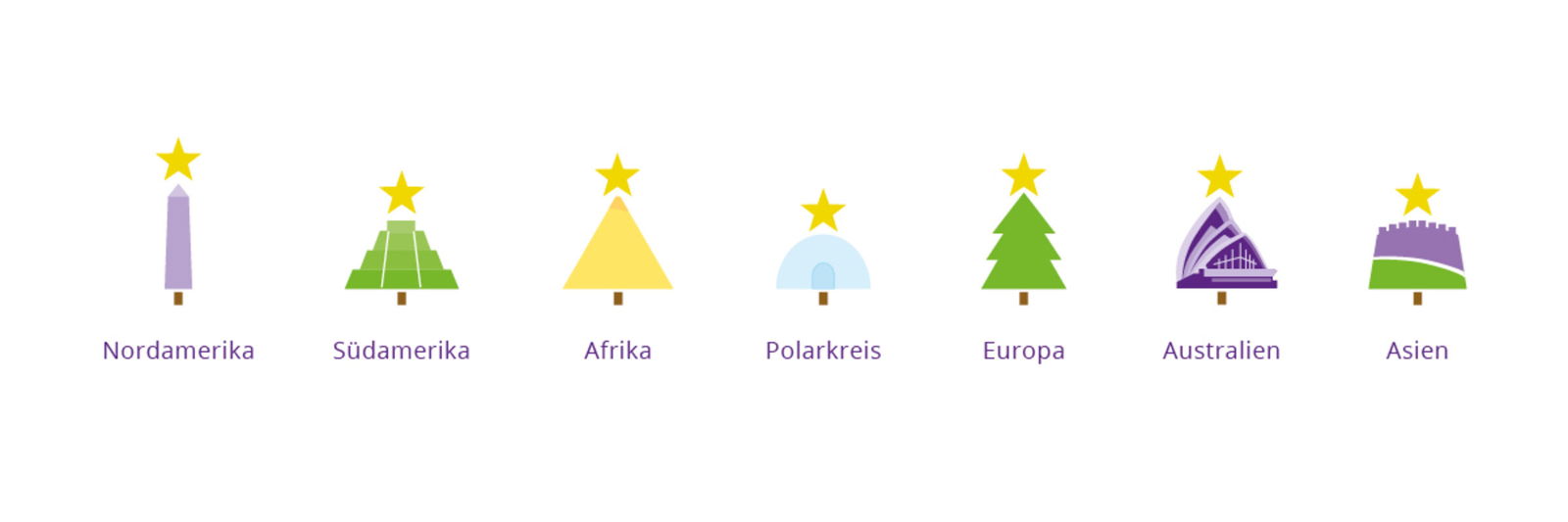 Eine Grafik mit einen symbolischen Weihnachtsbaum für alle Kontinente der Welt. 