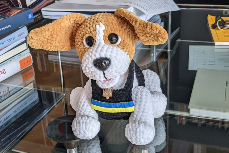 Ein Stoffhund sitzt auf einem Schreibtisch. Er trägt die Farben der Ukraine.