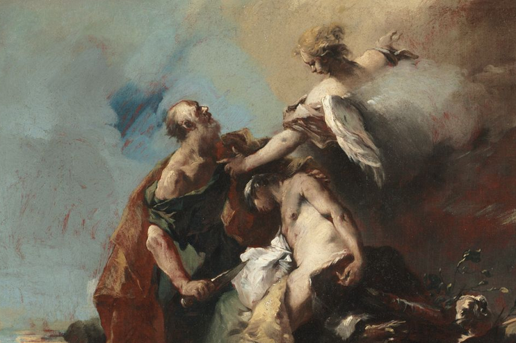 Ein altes Gemälde auf dem ein Engel zu sehen ist, der Abraham davon abhält Isaak zu töten. 