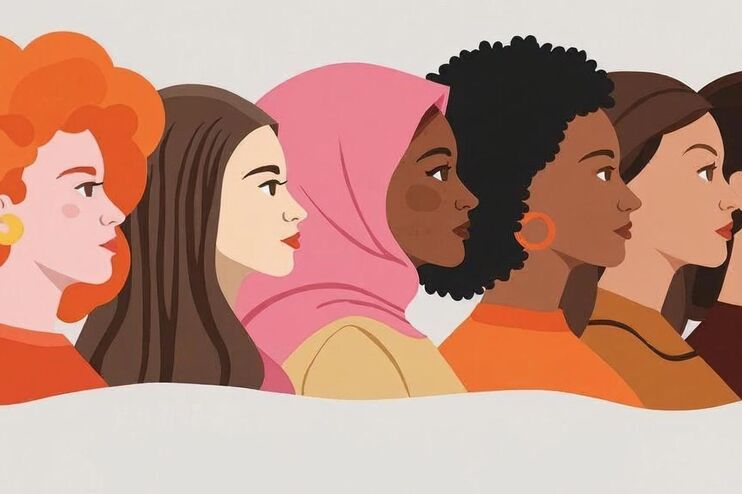 Mehrere Frauen mit verschiedenen Haut- und Haarfarben.