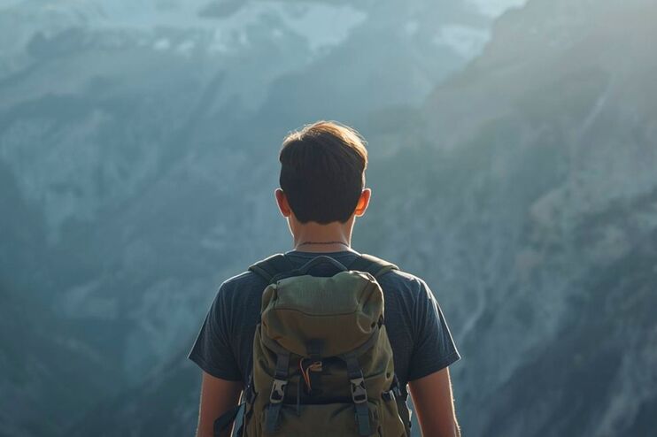 Eine Person schaut in ein Tal mit Bergen im Hintergrund