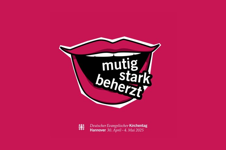 Auf rotem Hintergrund steht ein comigartiger Mund mit weißen Zähnen, aus dem die Worte kommen: mutig stark beherzt