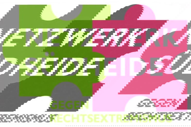 Ein grünes und ein rotes Puzzleteil. Darauf steht: Netzwerk Suedheide. Darunter: Gegen Rechtsextremismus