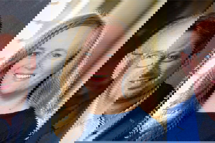 Drei aneinander montierte Portraits von zwei Männern und einer Frau.