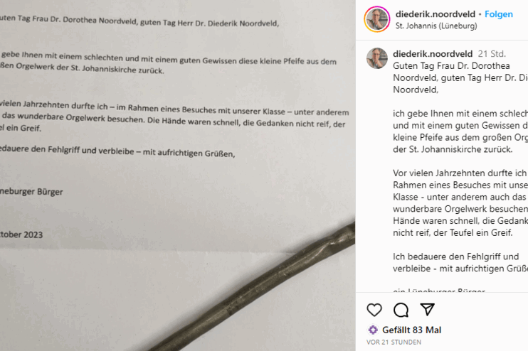 Ein mit dem Computer geschriebener Brief mit einer Orgelpfeife (Instagram-Post).