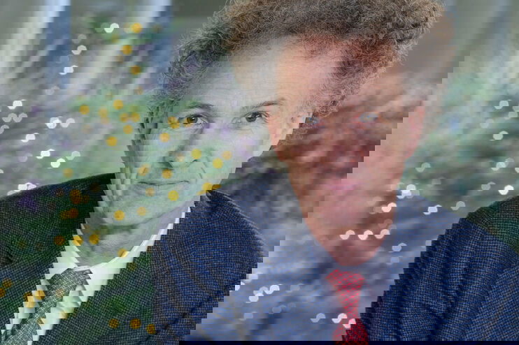 Ein Mann mit Anzug, Hemd und Krawatte sitzt vor einem Weihnachtsbaum.