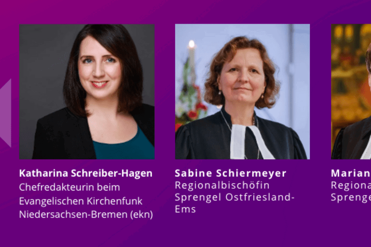 Drei Frauen auf einem Plakat in Lilatönen. 