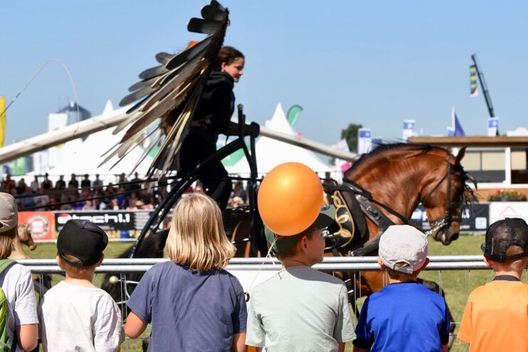 Kinder mit Luftballons schauen einem Pferderennen zu
