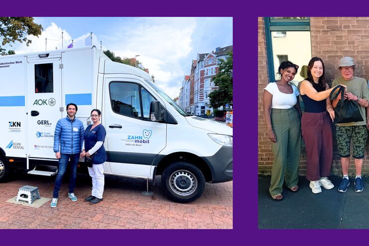 Eine Gruppe von Menschen vor einem mobilen Zahnartzwagen. Rechts eine Gruppe von Menschen vor einem Backsteingebäude.