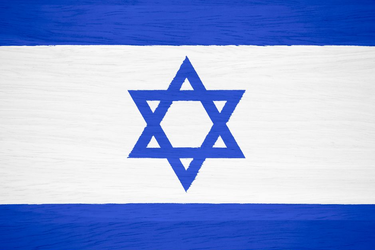 Die Flagge Israels: zwei blaue Streifen oben und unten, dazwischen ein blauer Stern auf weißem Grund.