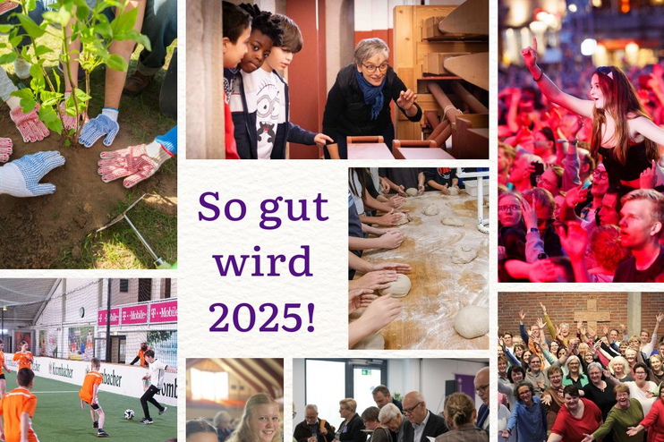 Mehrere Bilder in einer Collage: Hände pflanzen einen kleinen Baum, Kinder schauen auf auf die Rückseite einer Orgel, eine weiblich gelesene Person sitzt auf den Schultern einer anderen in einer Menschenmenge. Kinder spielen Fußball, zwei Personen singen, mehrere Menschen beugen sich über einen Tisch mit Zeitschriften, dutzende Menschen heben Arme und Posaunen in die Höhe.