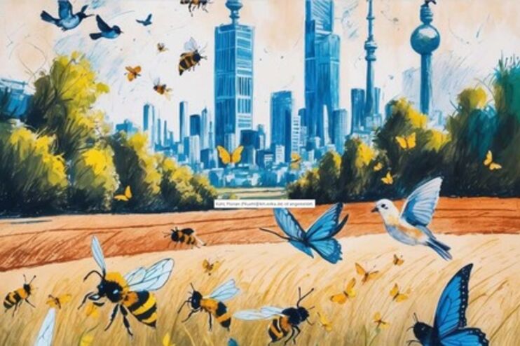 In gezeichnetem Stil ist ein Feld mit Schmetterlingen und Bienen zu sehen, dahinter eine Stadt mit Wolkenkratzern.