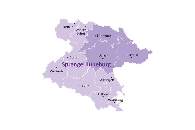 Umriss des Sprengels Lüneburg, in dem die Kirchenkreise eingezeichnet sind.