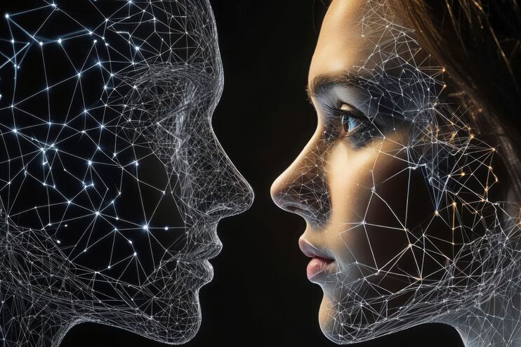 Ein Mensch und eine Maschine schauen sich an und sind vernetzt.