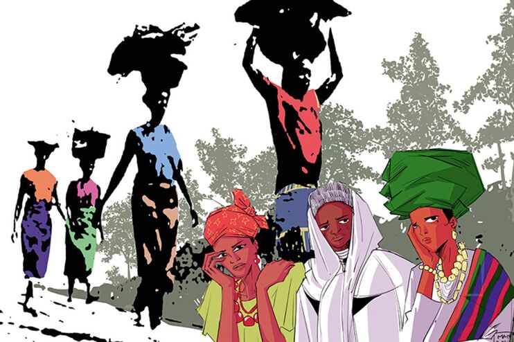 Eine Gruppe von Menschen in traditioneller afrikanischer Kleidung steht in einer Landschaft.