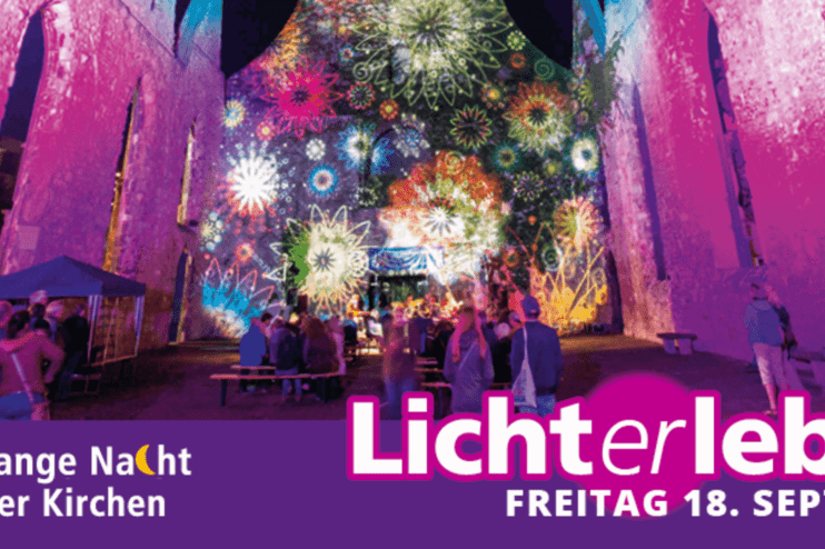 Banner mit Lichtinstallation und der Aufschrift Lichterleben