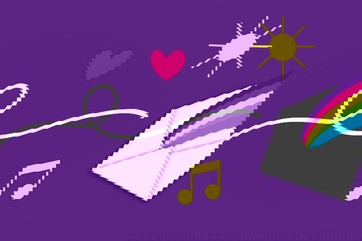 ein Briefumschlag mit vielen Symbolen darum wie einem Eis, Musiknoten, einem Herz und einer Sonne