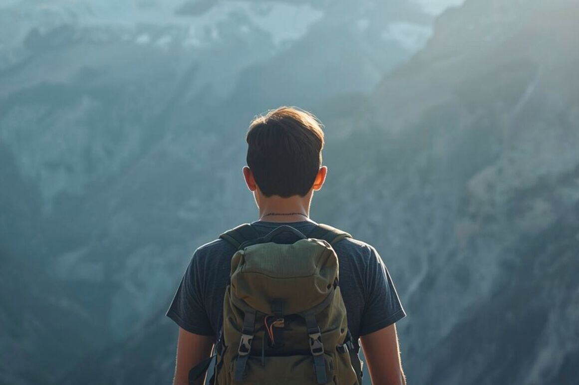 Eine Person schaut in ein Tal mit Bergen im Hintergrund